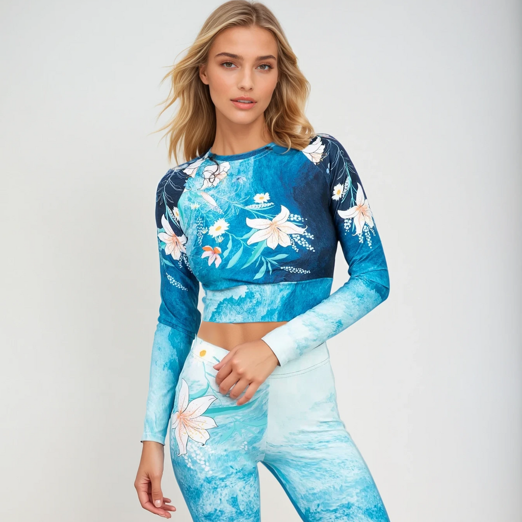 Women's Ocean Floral Cropped Rash Guard UPF 50 Cover-up Swim Top ...