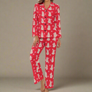 Women's Christmas Tree Snack Cakes Pajama Set, Red Pajama Sets Berry Jane