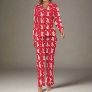 Women's Christmas Tree Snack Cakes Pajama Set, Red Pajama Sets Berry Jane