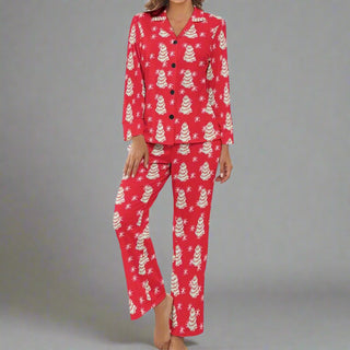 Women's Christmas Tree Snack Cakes Pajama Set, Red Pajama Sets Berry Jane