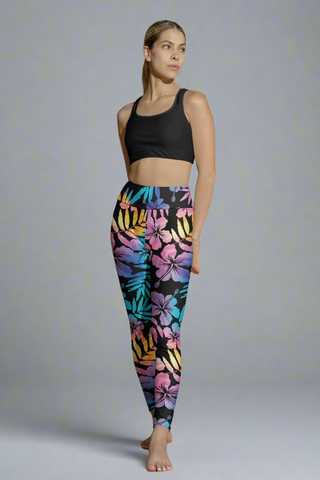 Women's UPF Swim Leggings, Hawaiian Floral Rainbow Ombre Colors