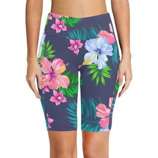 Women's 8" Long Swim Shorts w/Pockets, Blue Hawaiian Floral Swim Shorts Berry Jane