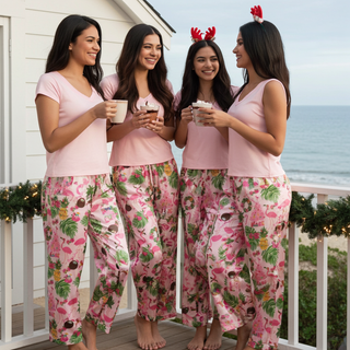 Bridesmaid matching Christmas beach tropical pajama pants, women in matching pink pajamas, destination beach wedding