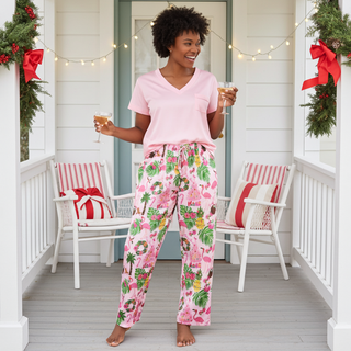 Women’s Pink Christmas Beachy Flamingo Pajama Pants, Silky-Satin Women's Pajama Sets Berry Jane™