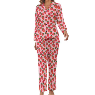 Women's Classic Pajama Set, Pink Strawberry Print Pajama Sets Berry Jane