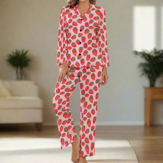 Women's Classic Pajama Set, Pink Strawberry Print Pajama Sets Berry Jane