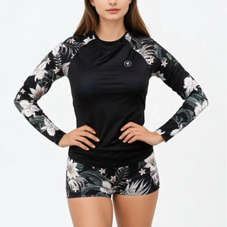 Women's Long Sleeve Rash Guard with Built in Bra UPF50+ Black Hawaiian Lily Rash Guards & Swim Shirts Berry Jane™