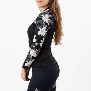 Women's Long Sleeve Rash Guard with Built in Bra UPF50+ Black Hawaiian Lily Rash Guards & Swim Shirts Berry Jane™