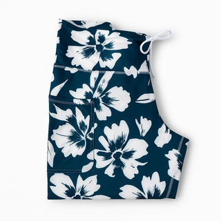 Women's Blue Hawaiian Floral Swim Leggings w/Liner and Pockets Swimwear Berry Jane