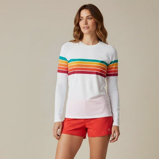 Women's Vintage Style 70s 80s Multi-Stripe Rash Guard, White