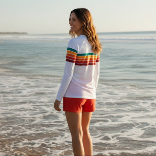 Women's Vintage Style 70s 80s Multi-Stripe Rash Guard, White Rash Guards & Swim Shirts Berry Jane™