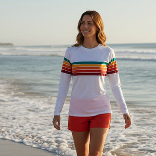 Women's vintage style rash guard, white with 70s style stripes