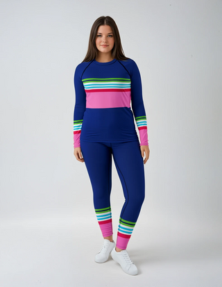 Womens Plus Size Swim Pants L-2XL, Blue Pink Stripe, UPF Swim Leggings, Rash Guard 