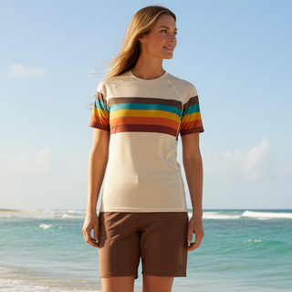 Women's UPF50+ Short Sleeve Rash Guard, 70s Baja Sunset Stripe