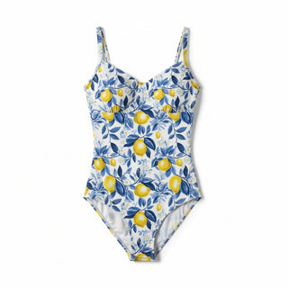 Women's Amalfi Coast Floral Lemons One Piece Swimsuit Criss-Cross Back Swimwear Berry Jane