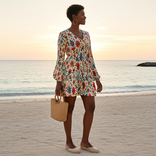 Women’s Boho Mini Dress, Lantern Sleeves - Mexican Floral Dresses Berry Jane