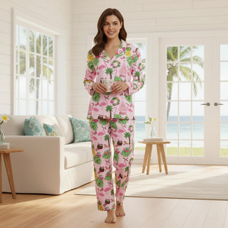 Women's Pink Florida Beach Christmas Pajamas, Tropical Christmas Pajama Set