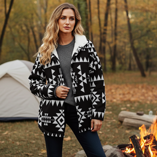 Women’s Southwestern Print Fleece Sherpa Lined Jacket with Hood, Black  White Geometric