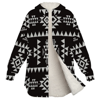 Women’s Southwestern Print Fleece Sherpa Lined Jacket with Hood, Black and White print