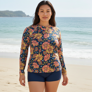 Women's Navy Blue Retro 70s Floral Rash Guard, UPF 50+ Rash Guards & Swim Shirts Berry Jane™