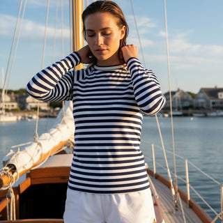 Women's UPF 50+ Navy White Stripe Rash Guard Sun Shirt