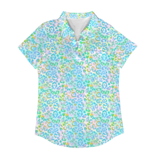Women's notch neck collared pickleball shirt, short sleeves, pastel leopard print