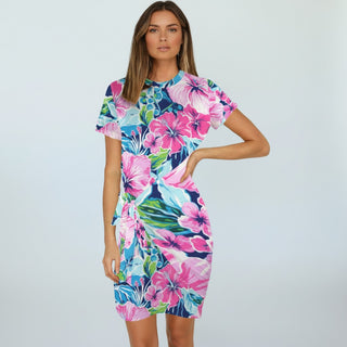 Women's Short Sleeve Floral Jersey Ruched Wrap Dress Dresses Berry Jane