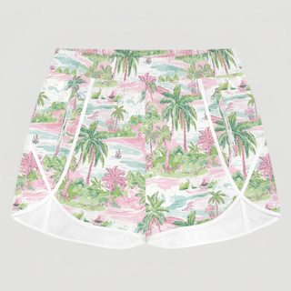 Women's 3" Lined Swim Shorts, High Waist Zipper Pocket - Tropical Island Scene Swim Shorts Berry Jane™
