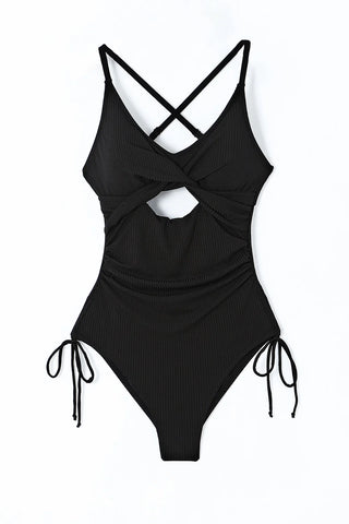 One Piece Swimsuit Monokini Cutout Front with Ruched Ties, Black one piece swimsuit Berry Jane