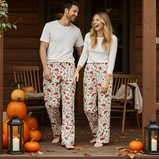 adults matching Fall Pajama pants, red mushrooms, cute print, couples matching pajamas