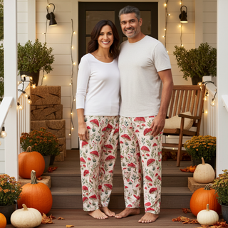 Couples matching Fall Pajama pants,, holiday loungewear, red mushrooms, cute print, couples matching pajamas