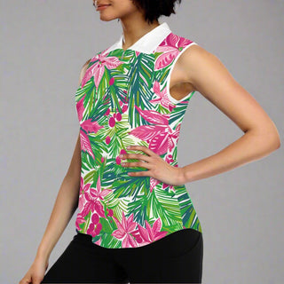 Women's Sleeveless Polo Top, Pickleball Tennis, Pink Green Floral Activewear Tops Berry Jane™