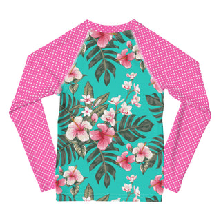 Girls UPF 50+ Hawaiian Tropical Floral Turquoise Pink Dot Rash Guard Kids Rash Guards & Swim Shirts Berry Jane™