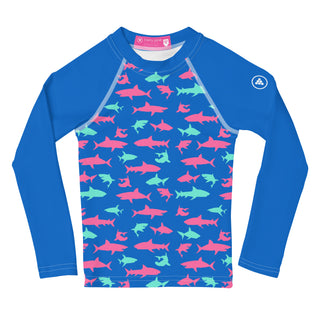Kids UPF 50+ Rash Guard Sun Shirt, Electric Blue Sharks Kids Rash Guards & Swim Shirts Berry Jane™