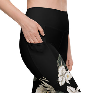 7/8 Length UPF 50+ Swim Leggings w/Pockets - Black Hawaiian Lily Swim leggings Berry Jane™