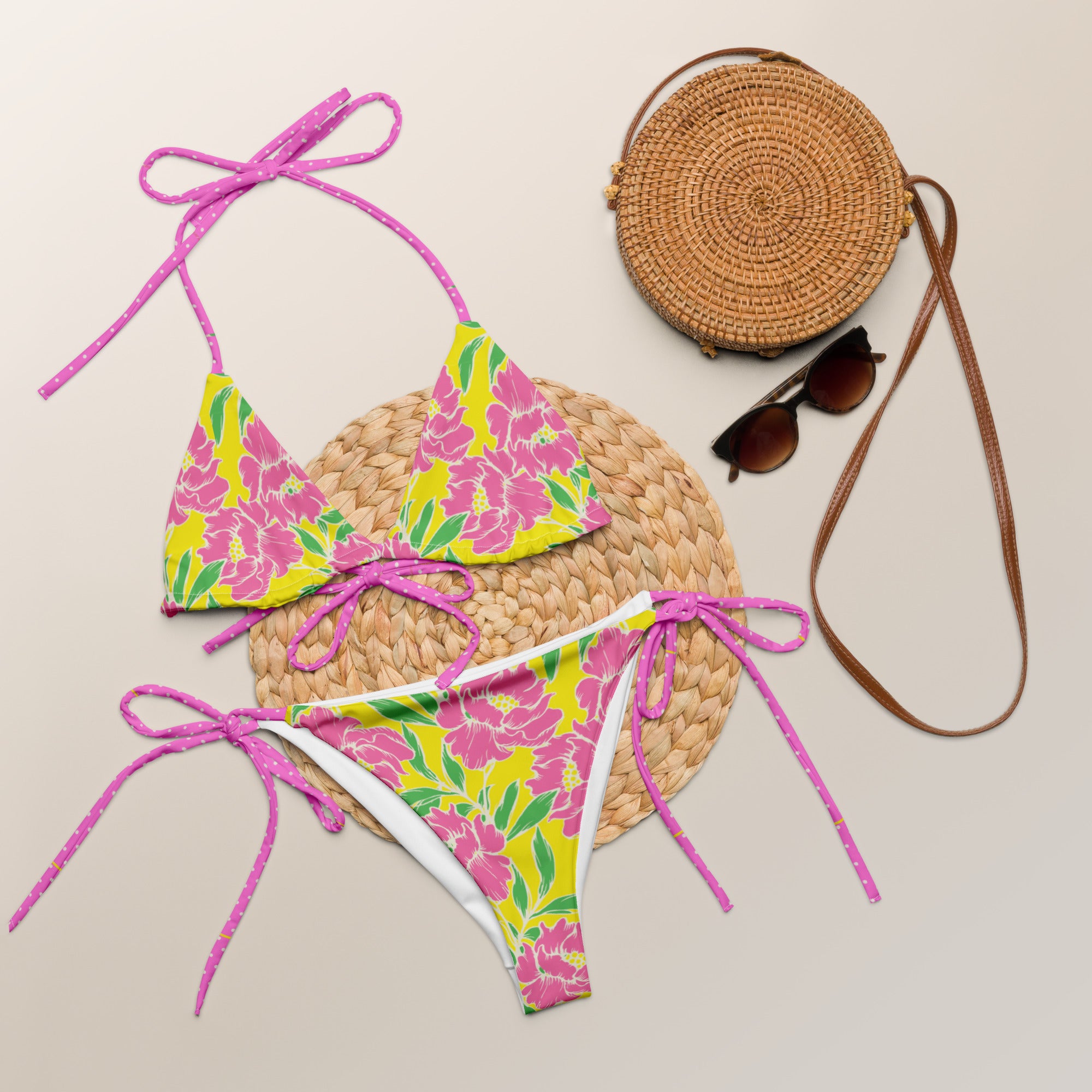 Women's Recycled Fabric String Bikini Set - Pink Peonies – Berry Jane™