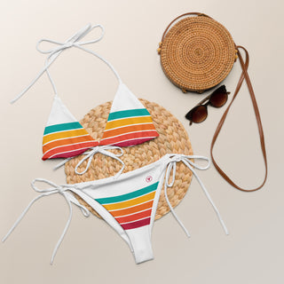 70s Vintage Retro Stripe Recycled String Bikini, White 2 Pc Swimsuit Set Berry Jane™