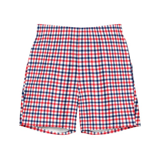 Men's Classic Red, White, Blue Check Plaid Swim Trunks, 7" Inseam Swim Trunks Berry Jane™