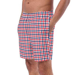 Men's Classic Red, White, Blue Check Plaid Swim Trunks, 7" Inseam Swim Trunks Berry Jane™