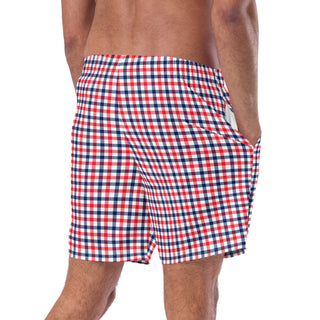 Men's Classic Red, White, Blue Check Plaid Swim Trunks, 7" Inseam Swim Trunks Berry Jane™