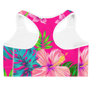 Women's Racerback UPF Swim Sports Bra, Hot Pink Hawaiian Floral Sports Bras Berry Jane™