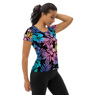 Women's Pickleball Athletic Dry-Wick T-shirt, Ombre Hawaiian Hibiscus T-Shirts Berry Jane™