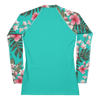 Women's Rash Guard, UPF 50+ Turquoise Hawaiian Floral Rash Guards & Swim Shirts Berry Jane™