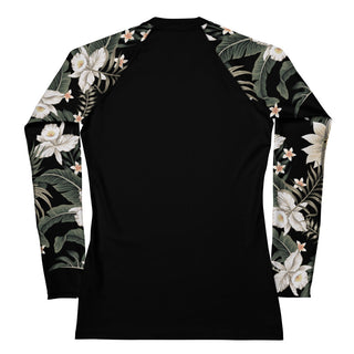 Women's UPF 50 Long Sleeve Rash Guard - Black Hawaiian Lily Floral Rash Guards & Swim Shirts Berry Jane™