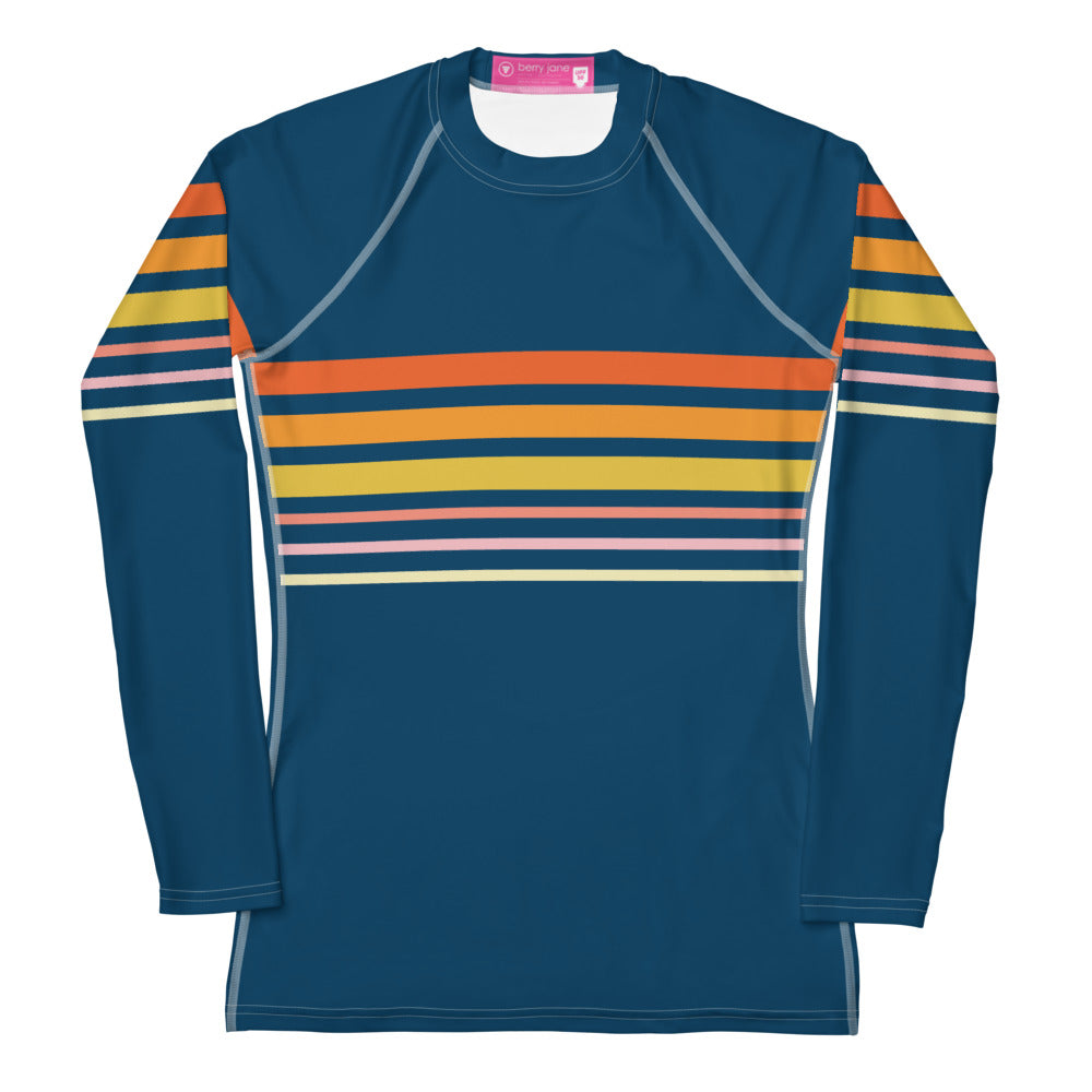 Women's Swim Shirt Rash Guard, UPF 50+ 70s Vintage Stripe, Blue