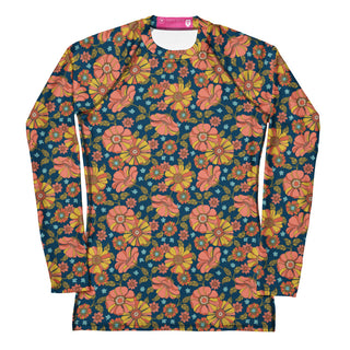 Women's Navy Blue Retro 70s Floral Rash Guard, UPF 50+ Rash Guards & Swim Shirts Berry Jane™
