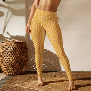 70s Vintage Daisy Print Yoga Leggings - UPF Sun Protection, Yellow Yoga Leggings Berry Jane™