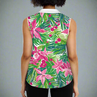 Women's Sleeveless Polo Top, Pickleball Tennis, Pink Green Floral Activewear Tops Berry Jane™