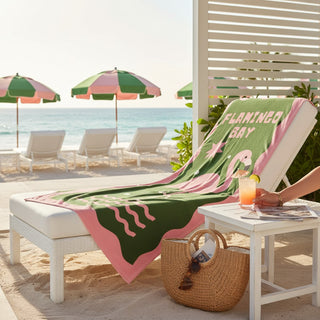 Flamingo Bay Beach Towel, Pink and Green, Flamingo print
