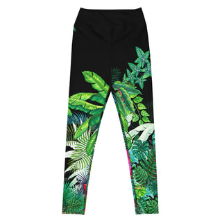 women's swim leggings, black with tropical jungle print